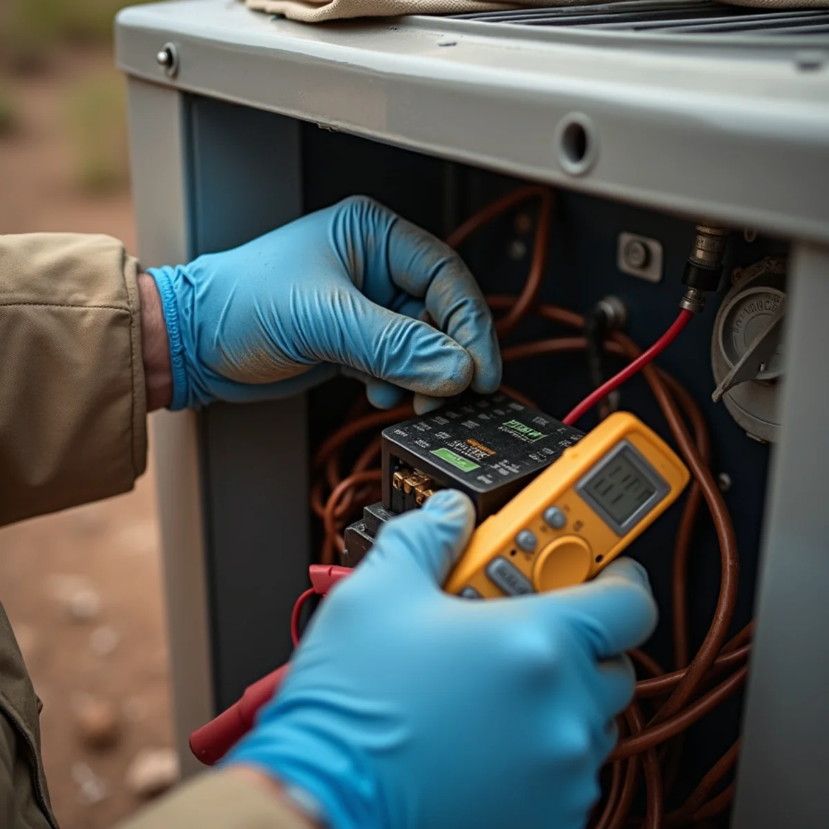 Close-up of ac repair work by an Apache Junction, AZ technician