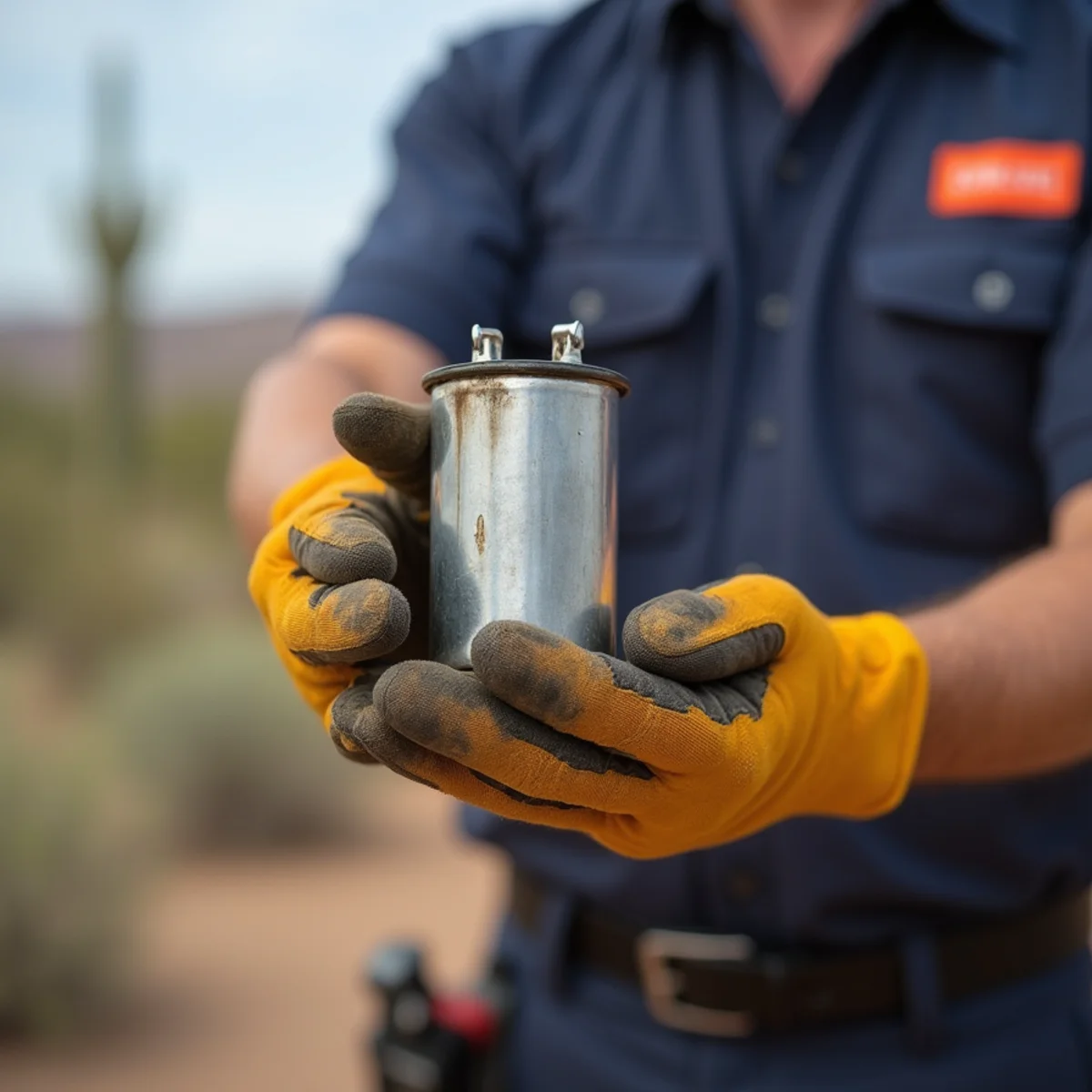 Technician holding a failed dual-run capacitor beside an air conditioner condenser in Apache Junction