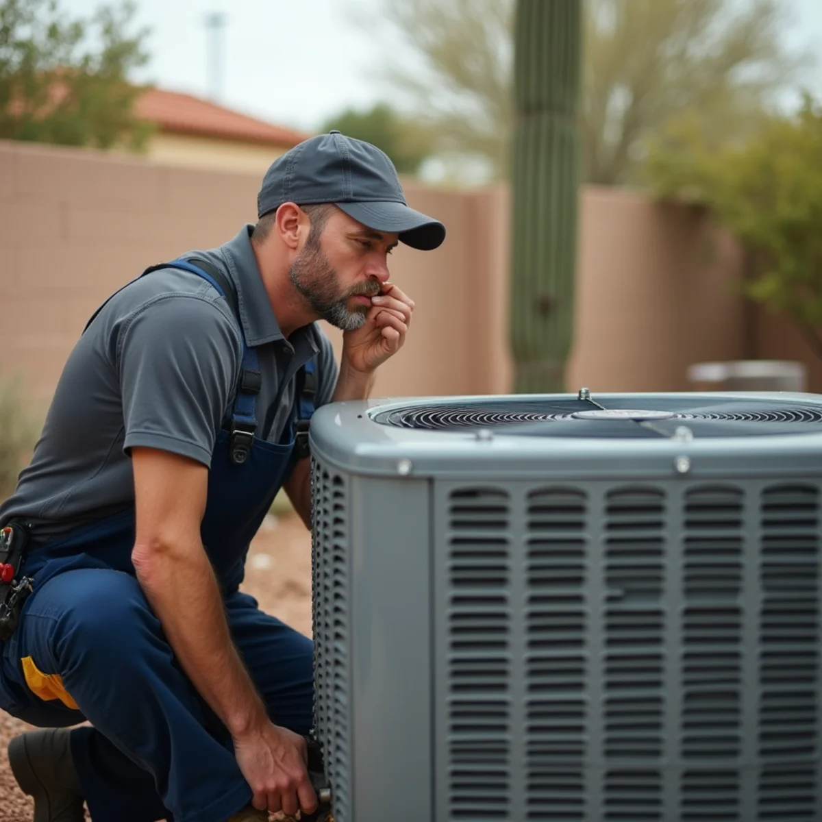 Homeowner listening to an outdoor air conditioning condenser making an unusual noise beside a home in Apache Junction, Arizona