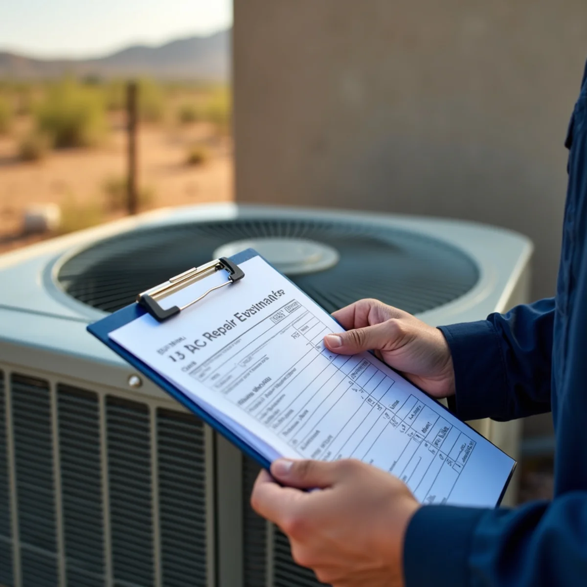 HVAC technician checking a capacitor with a meter during an AC repair at an Apache Junction home