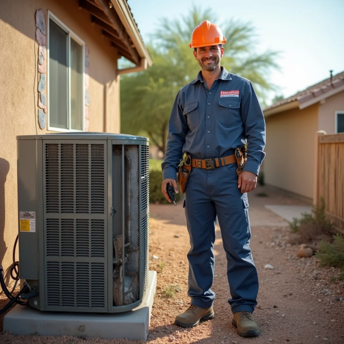 Homeowner and HVAC technician inspecting an aging outdoor condenser unit at a home in Apache Junction, Arizona