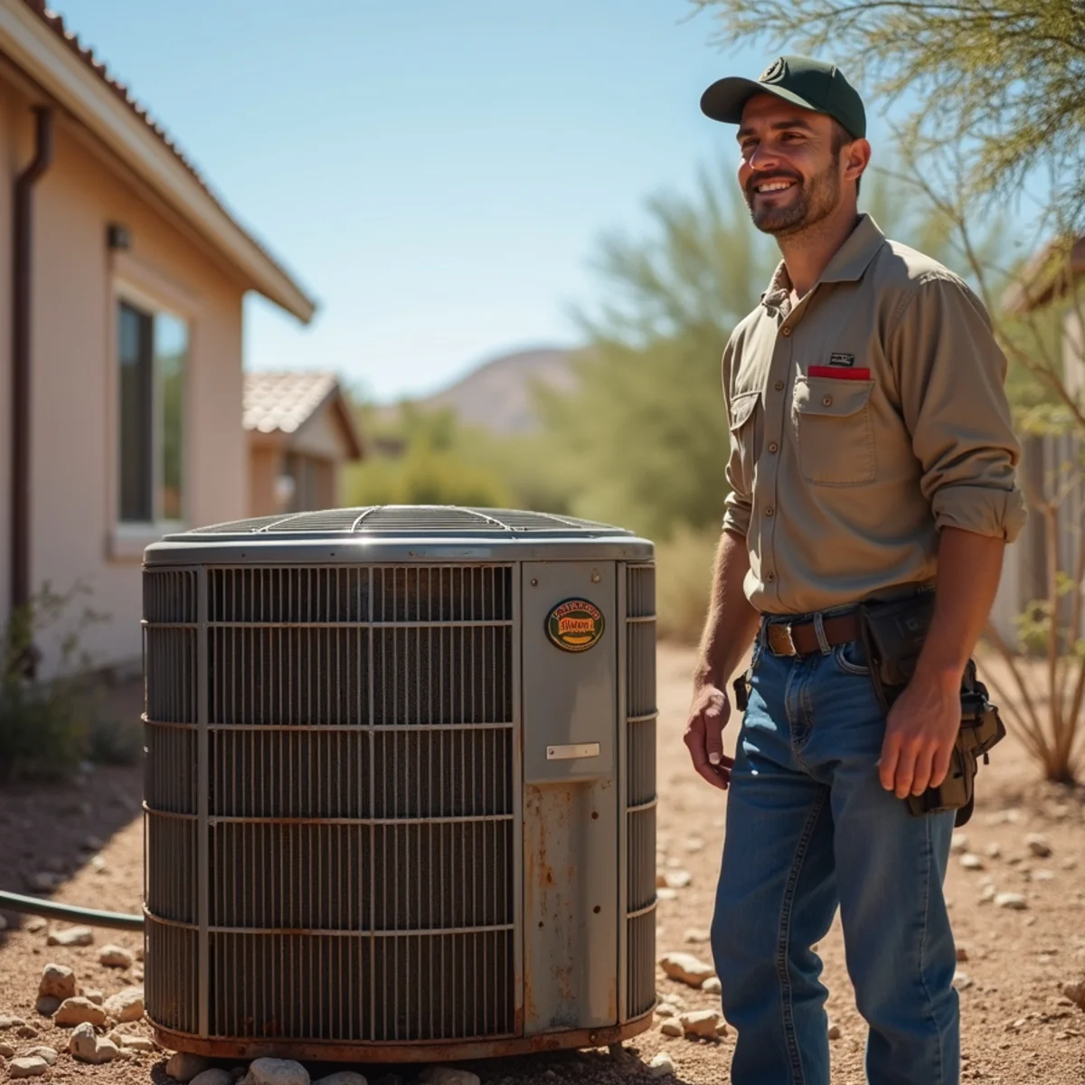 New air conditioning condenser being installed beside an East Valley Arizona home