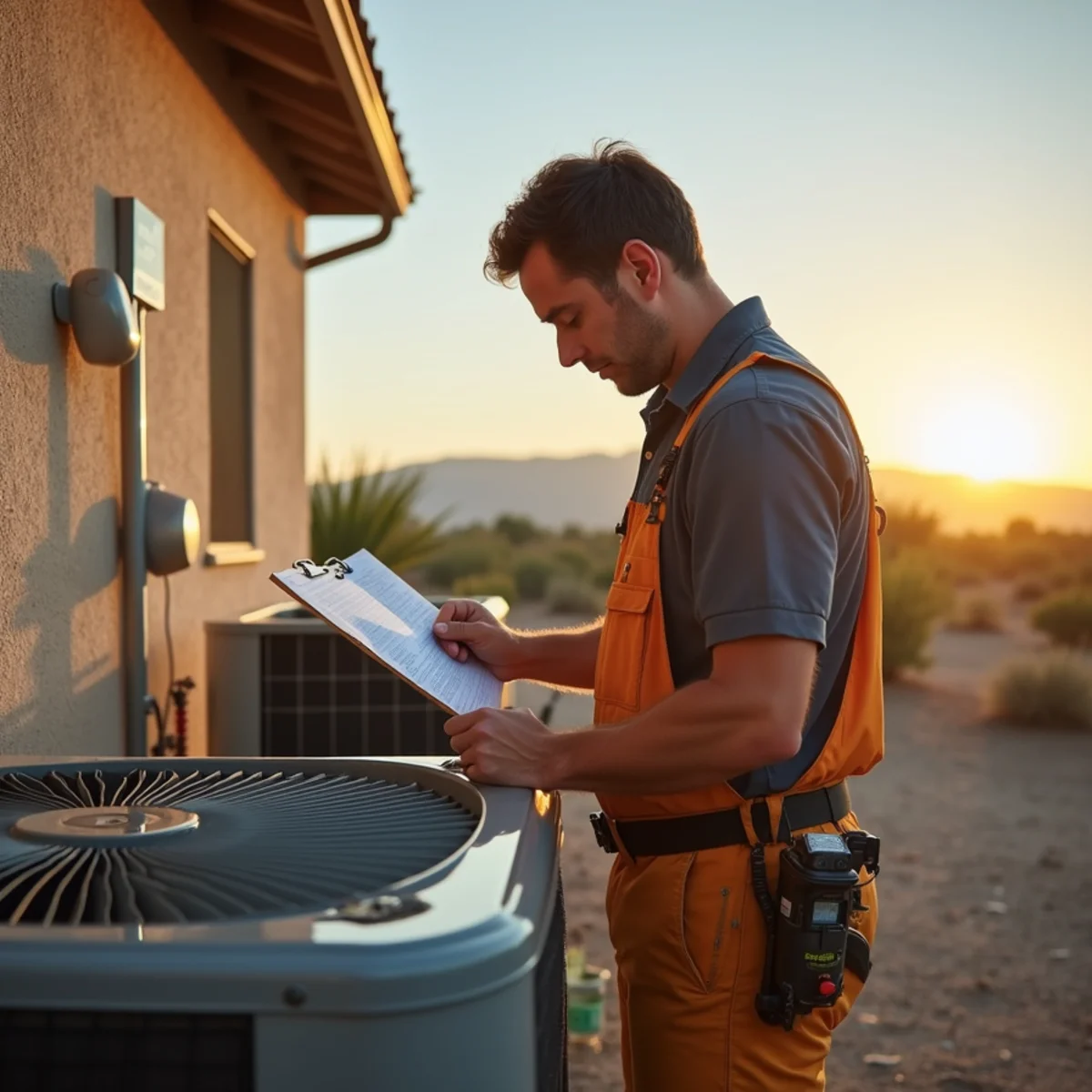 Homeowner changing an air filter on an air conditioner in an Apache Junction home in spring