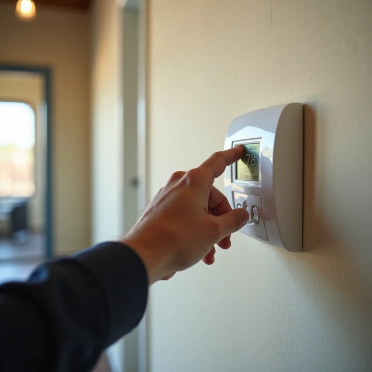 Smart thermostat set to 78 degrees on the wall of an Apache Junction, Arizona home during summer