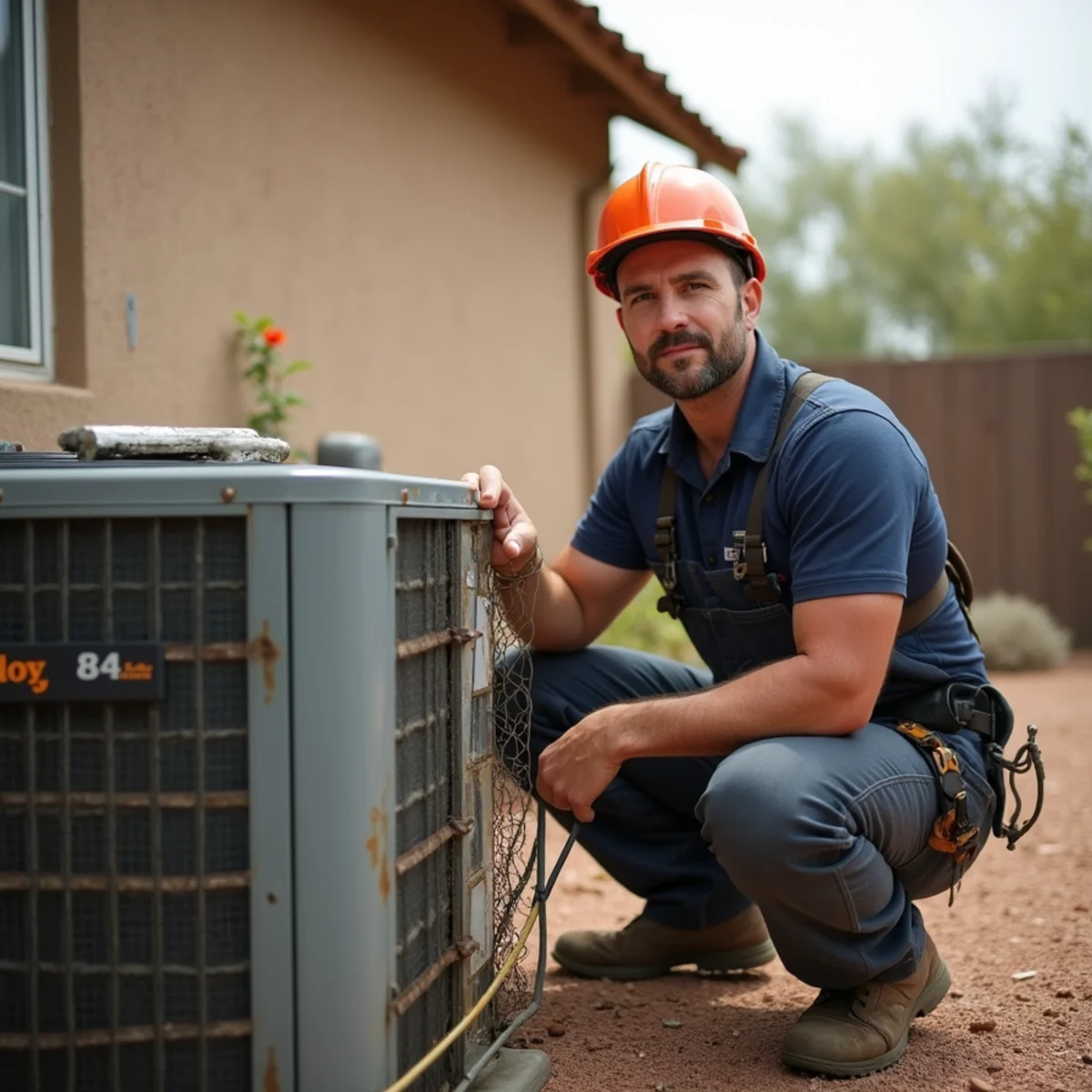 Aging builder-grade condenser unit outside a mid-2000s San Tan Valley home