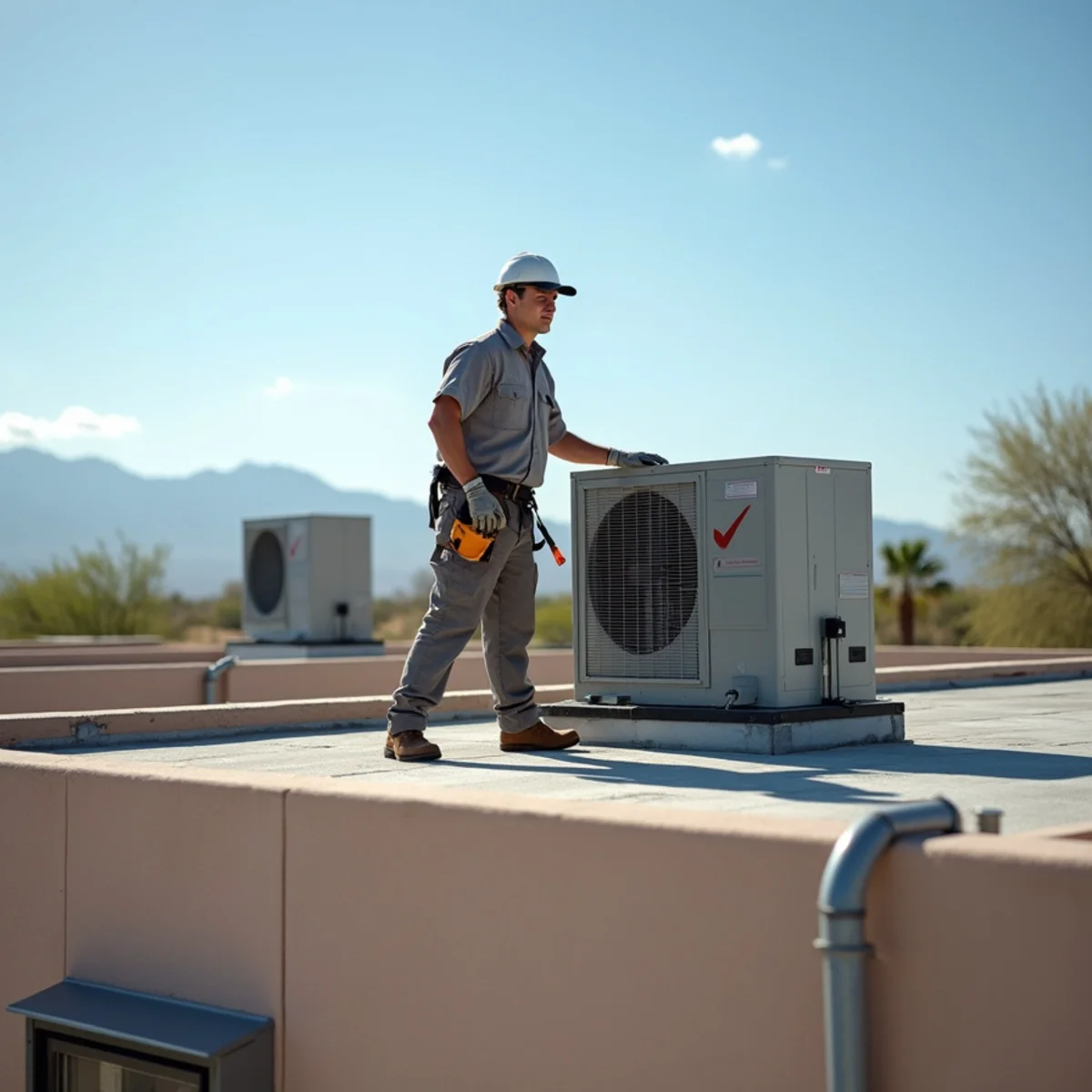 Commercial rooftop package units on a retail building along the US-60 corridor in Apache Junction, Arizona