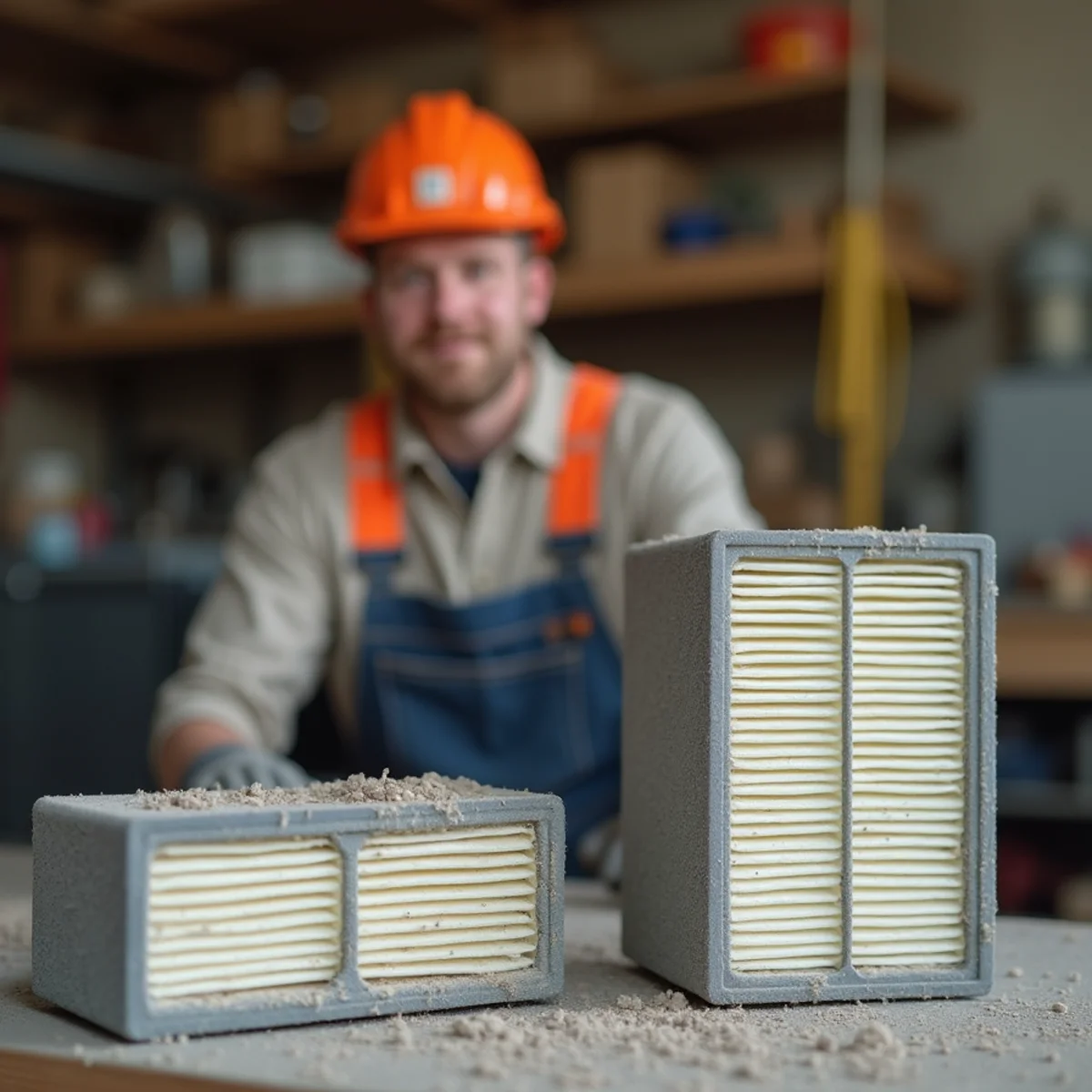 A dust-loaded pleated air filter next to a clean one at an Apache Junction home