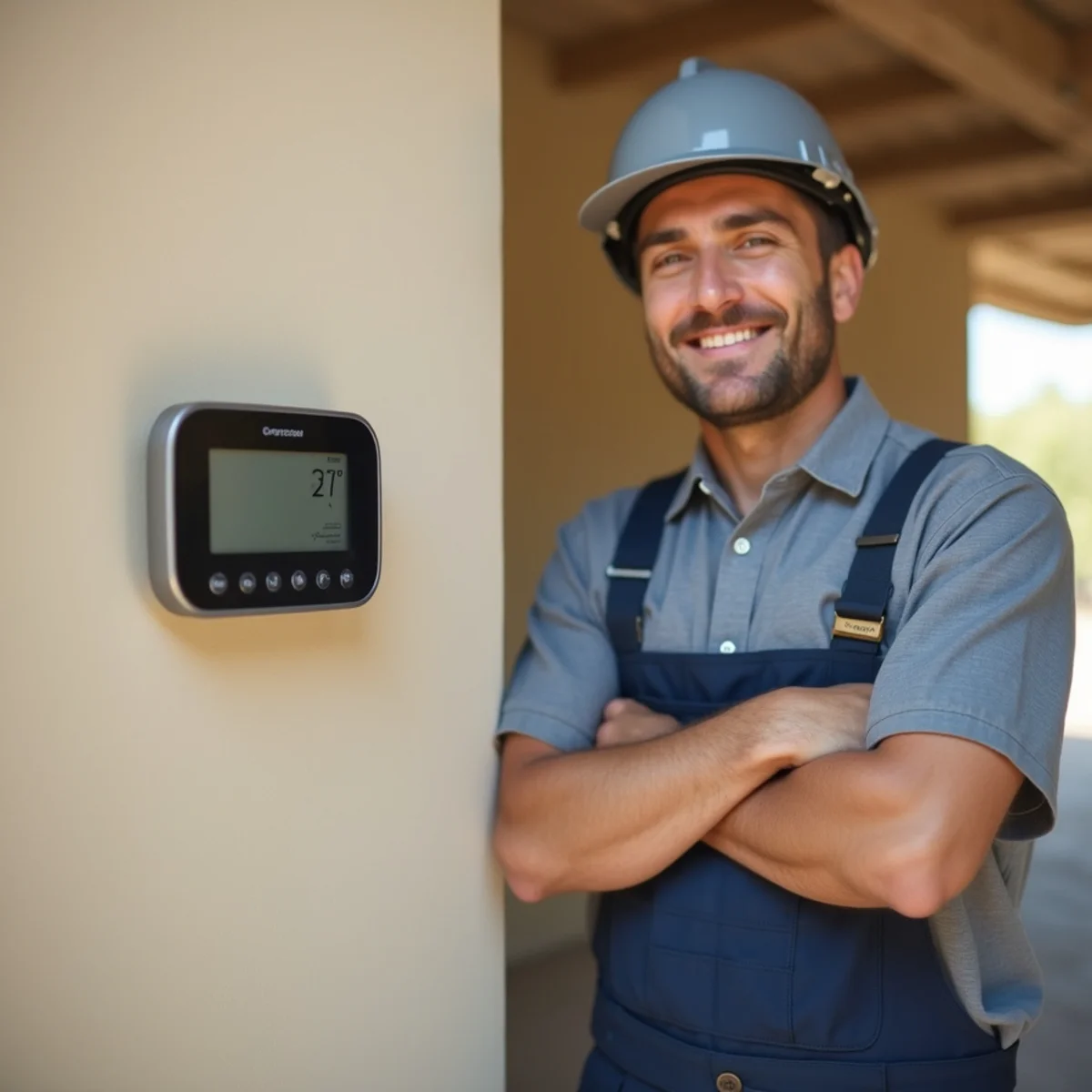 Old dial thermostat beside a modern smart thermostat on a wall in an Apache Junction, Arizona home