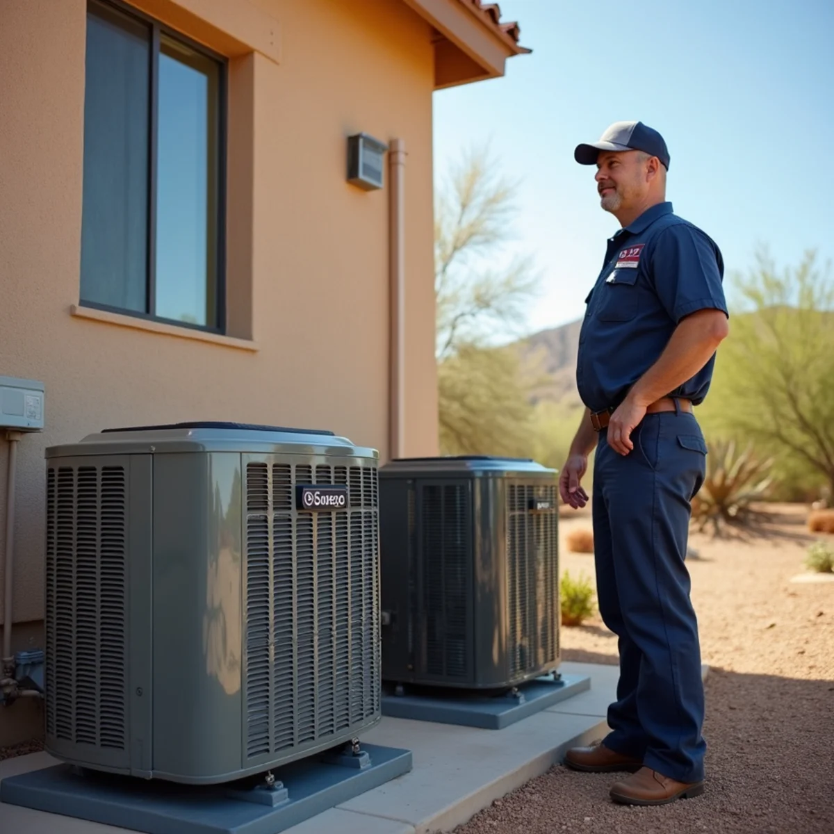 Heat pump outdoor unit installed at an Arizona home near the Superstition Mountains
