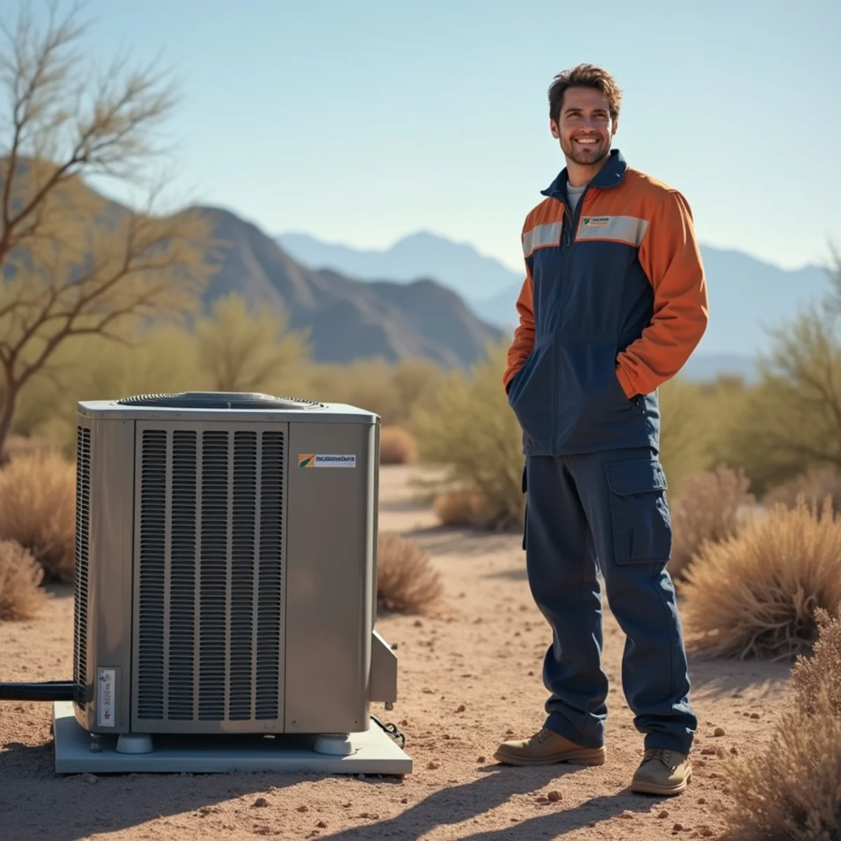 Heat pump condenser outside an Apache Junction home on a cool winter morning with the Superstition Mountains behind