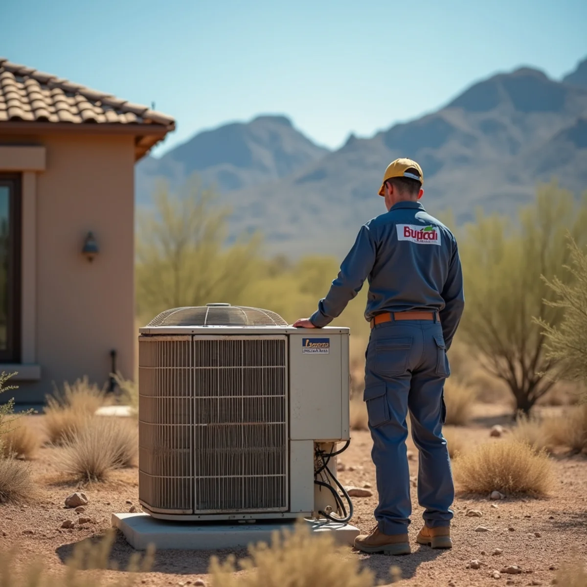 Sun-worn rooftop air conditioning unit on an Apache Junction home against the Superstition Mountains in summer heat