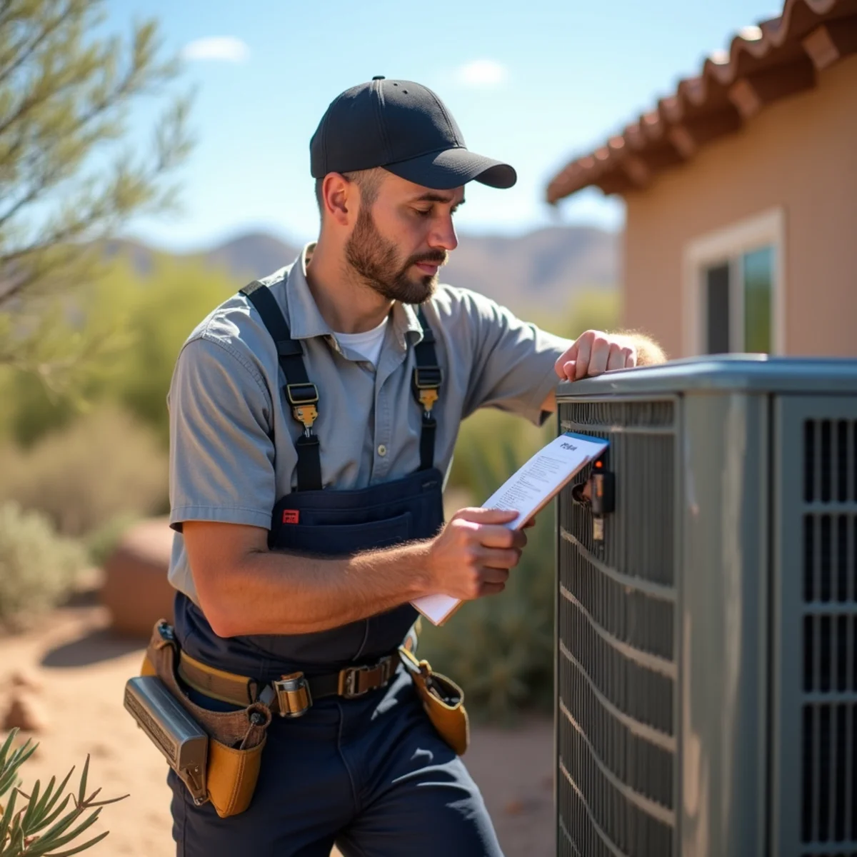 HVAC technician performing a maintenance tune-up on an air conditioner at an Arizona home