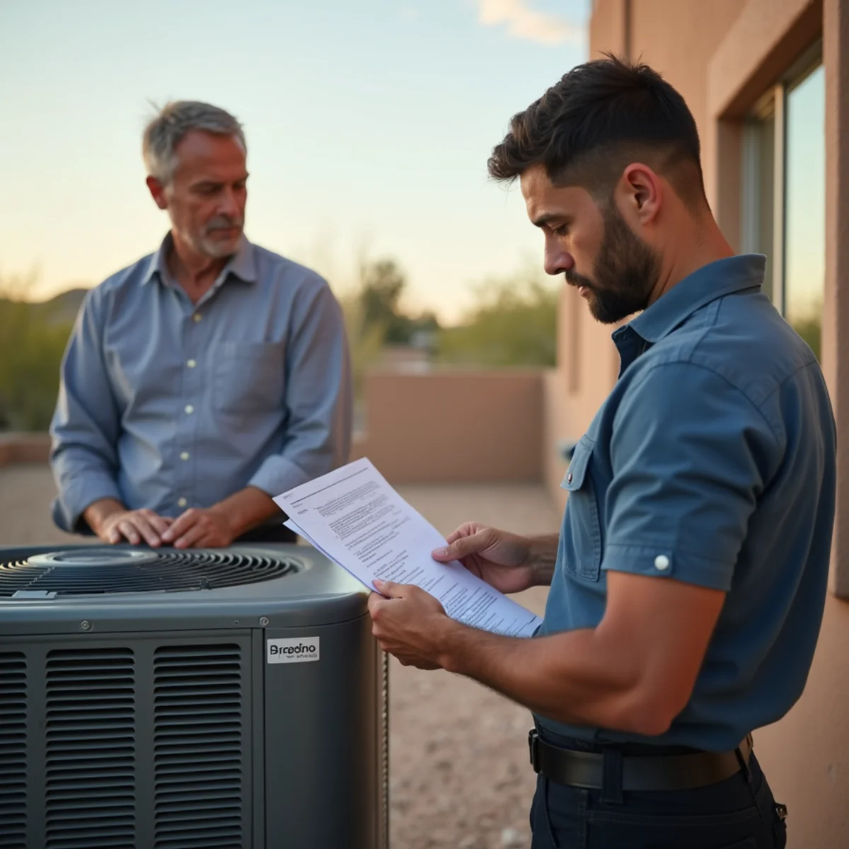 Homeowner reviewing HVAC warranty paperwork beside a new air conditioning system in Apache Junction, Arizona