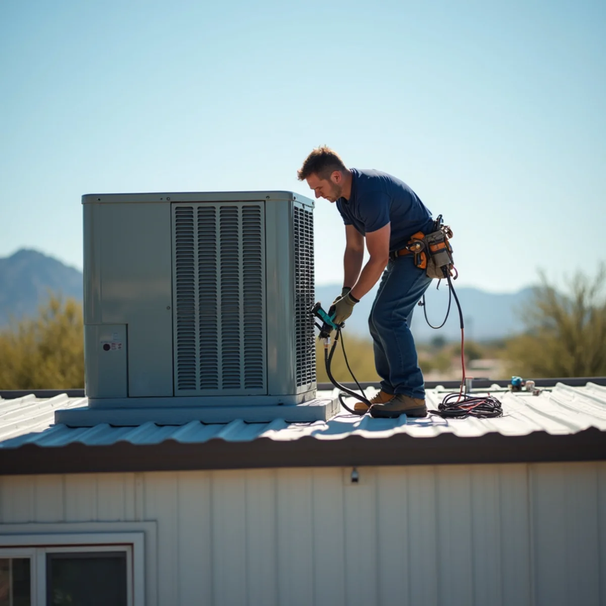 A rooftop packaged HVAC unit on a manufactured home in an Apache Junction community