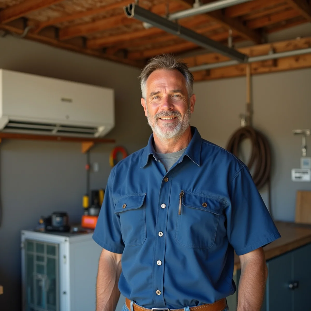 Wall-mounted ductless mini-split head cooling a garage workshop in Apache Junction