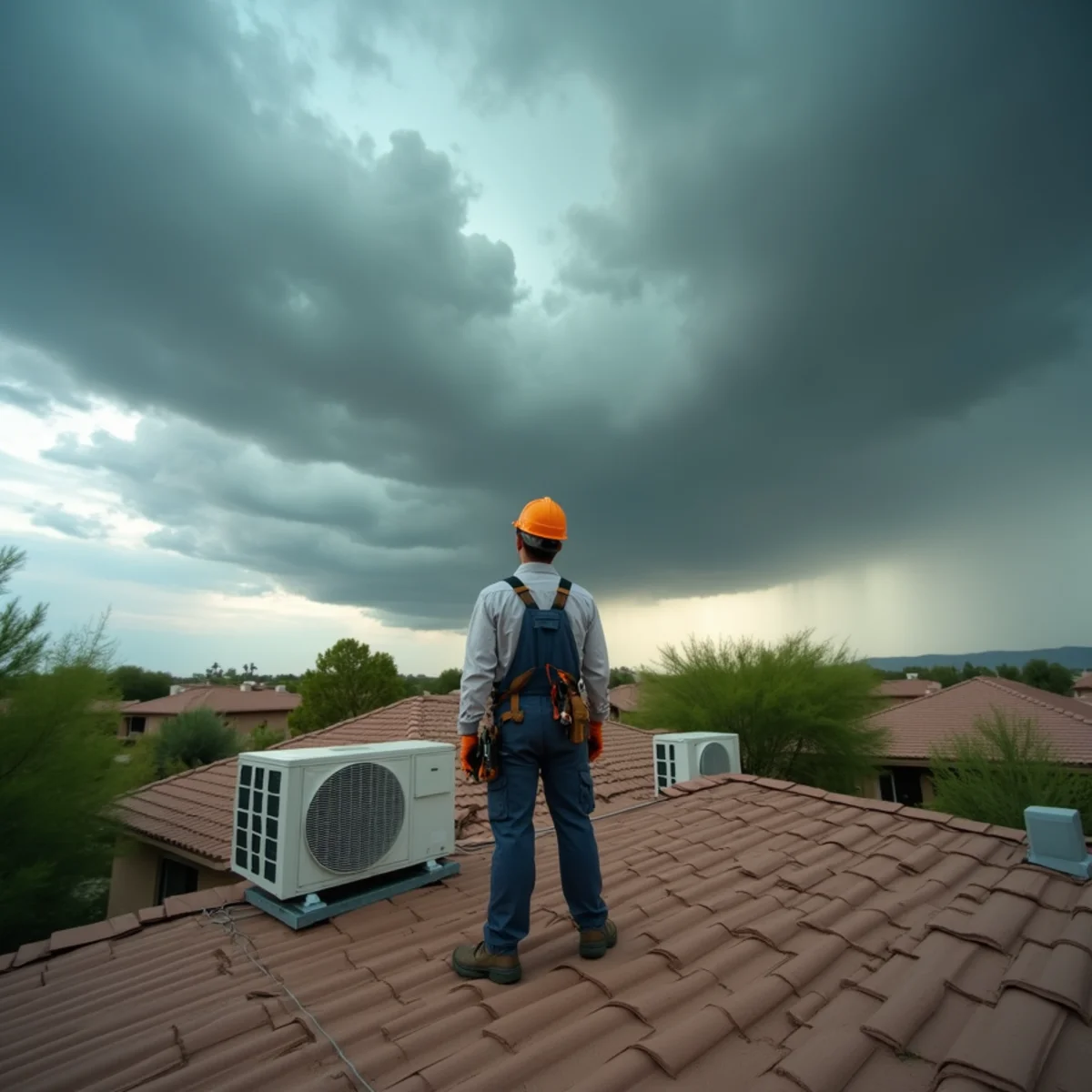 A dust storm wall rolling toward an Apache Junction neighborhood during monsoon season
