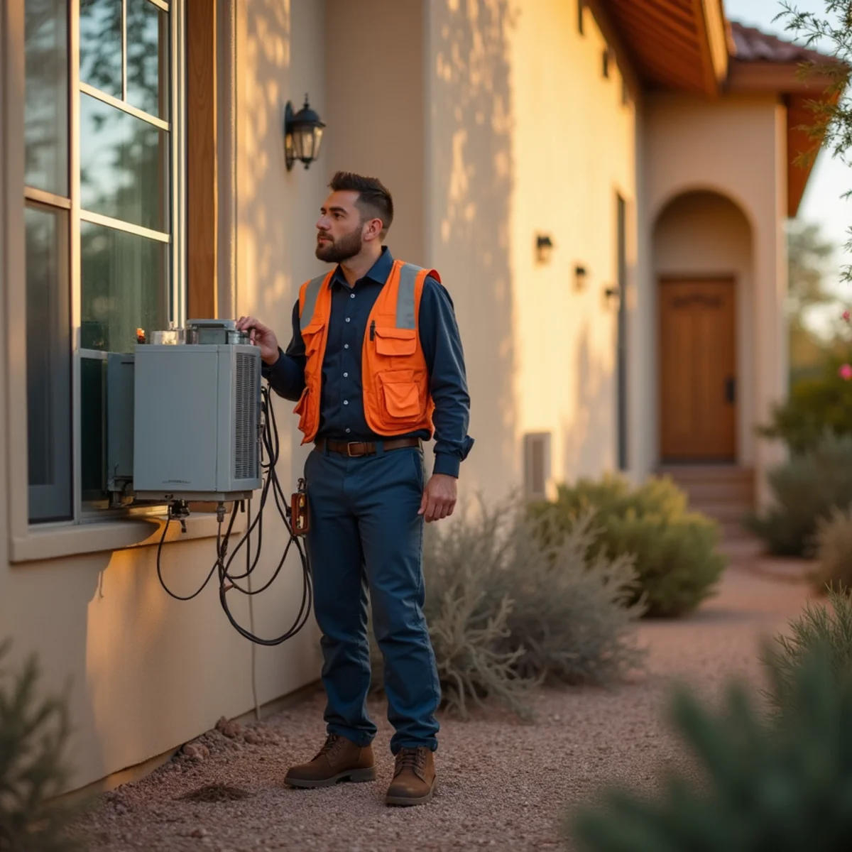 Snowbird homeowner checking a thermostat after returning to a winter home in Apache Junction