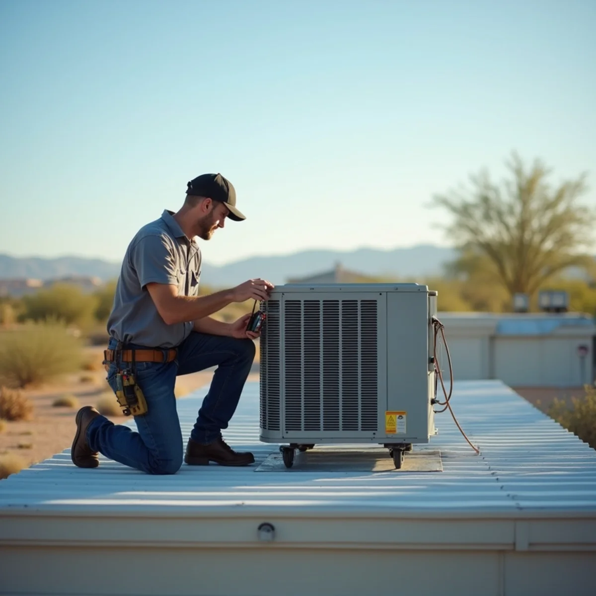 Packaged rooftop HVAC unit on a manufactured home roof in Apache Junction under a clear desert sky