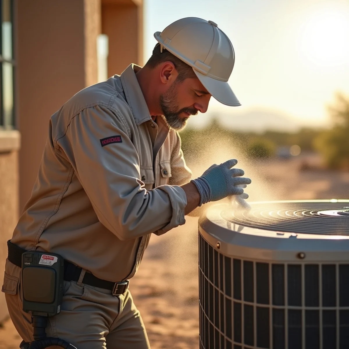 Air conditioner condenser coated in dust after a haboob outside an Apache Junction home