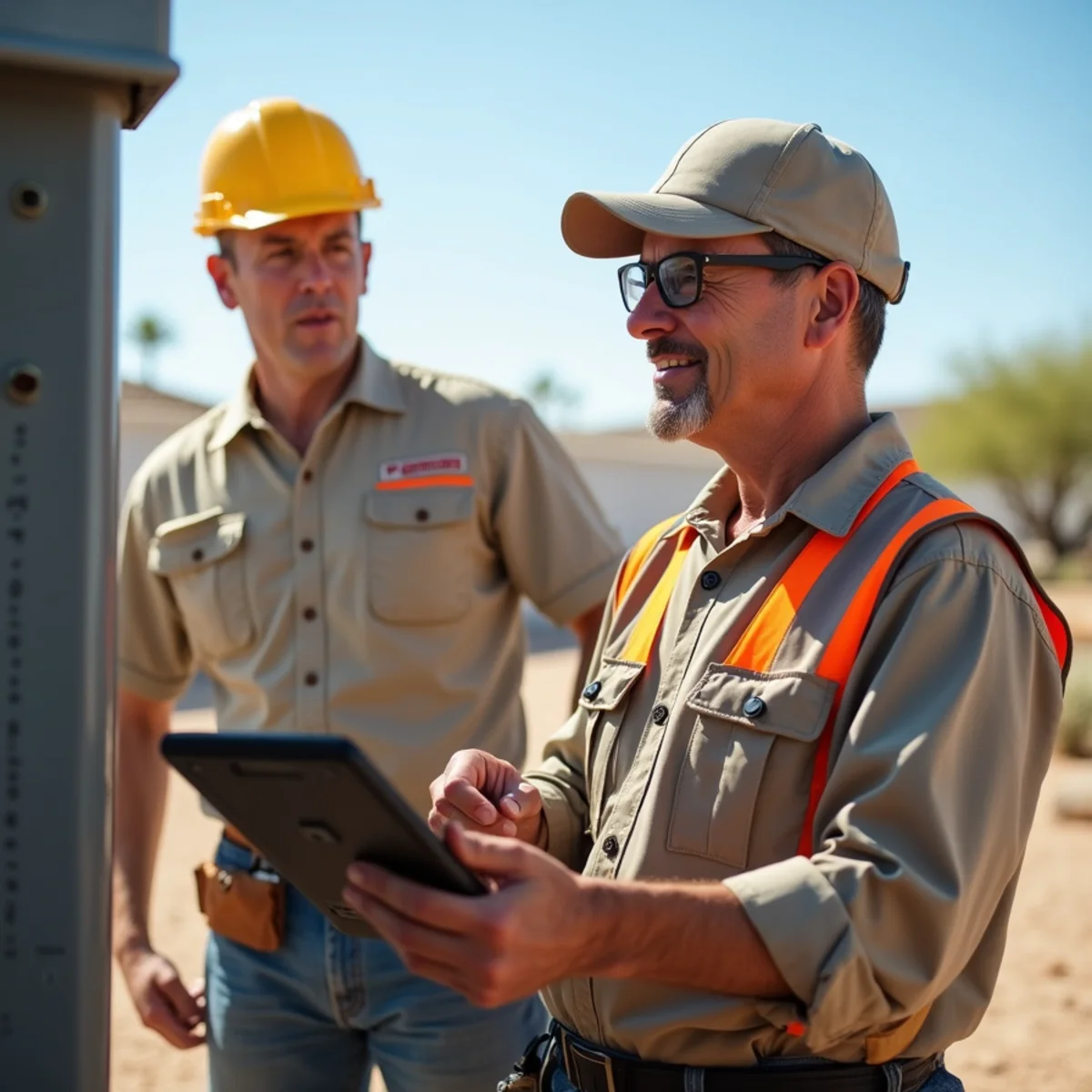 Property manager reviewing a rooftop package unit at a 55-plus manufactured home community in Apache Junction, Arizona