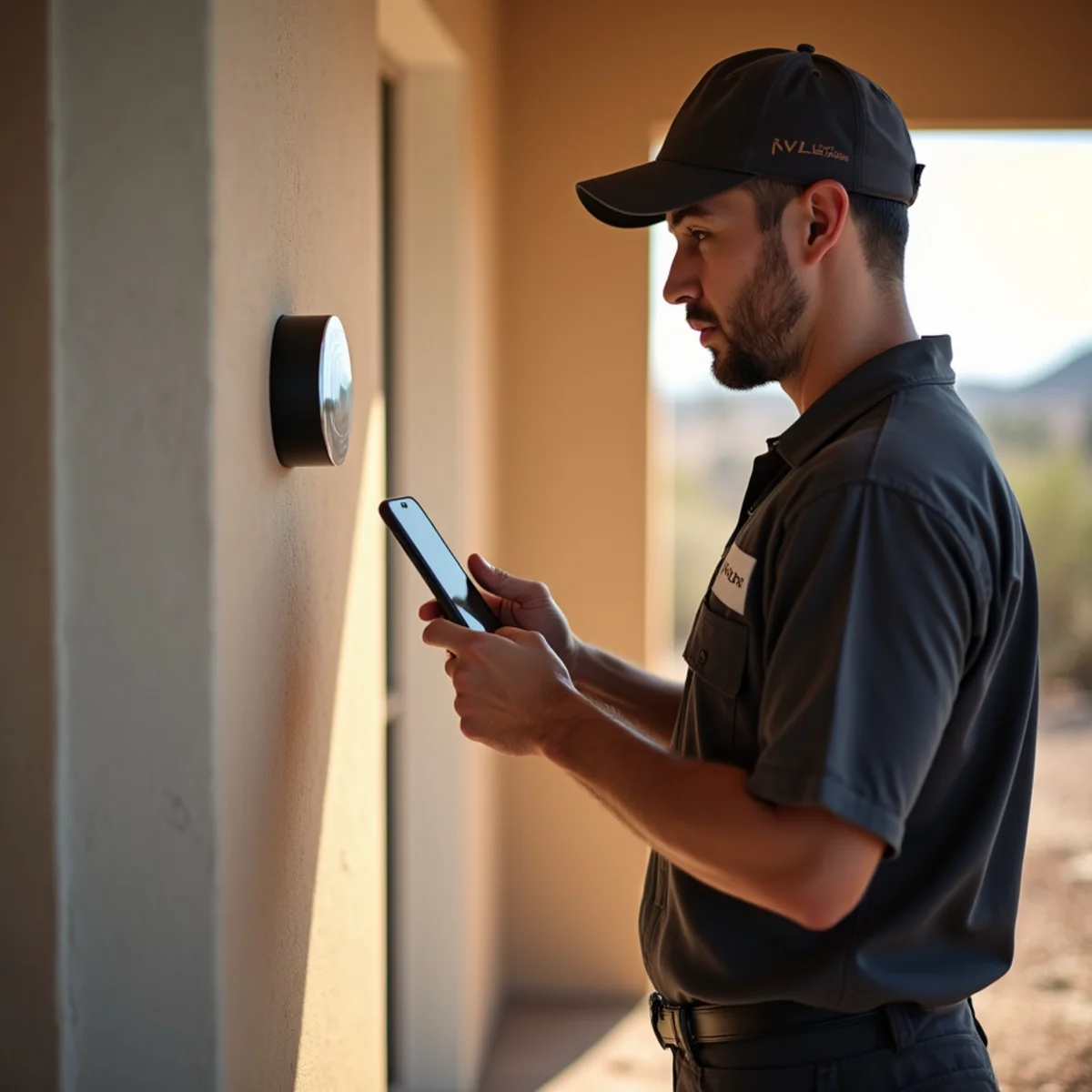 Smart thermostat on the wall of an Apache Junction home with a phone app showing remote temperature monitoring