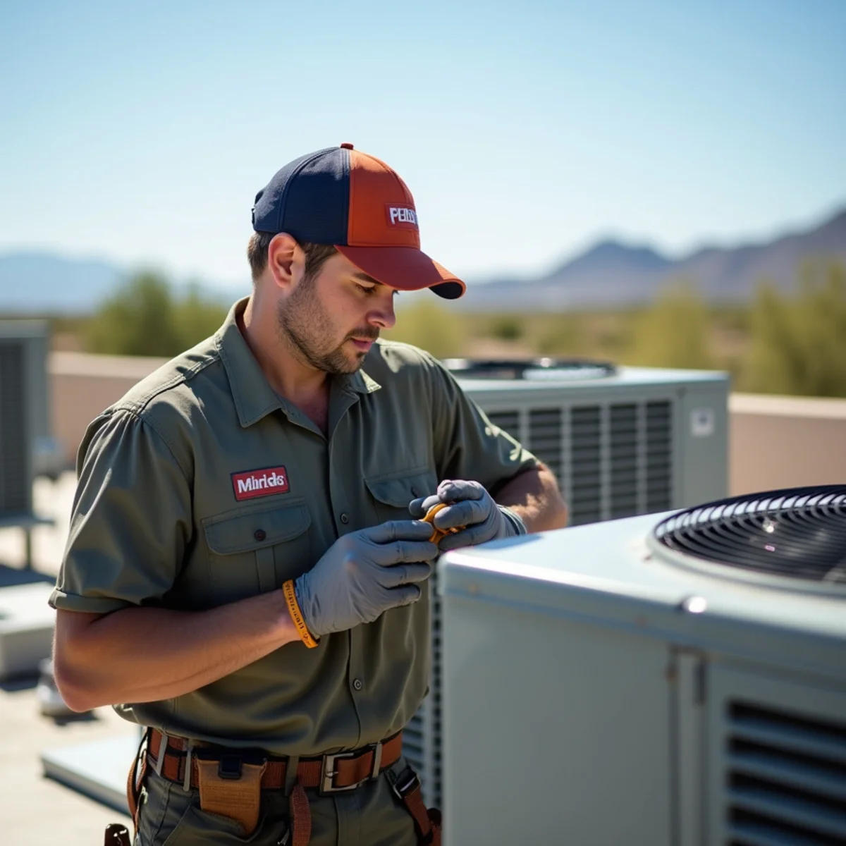 HVAC technician cleaning the condenser coils on a rooftop package unit above an East Valley retail store