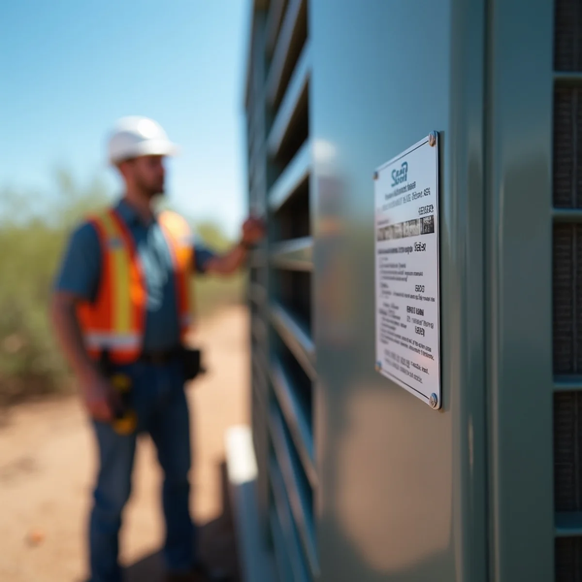 Energy-efficiency rating label on a new high-efficiency air conditioner installed at an Apache Junction, Arizona home