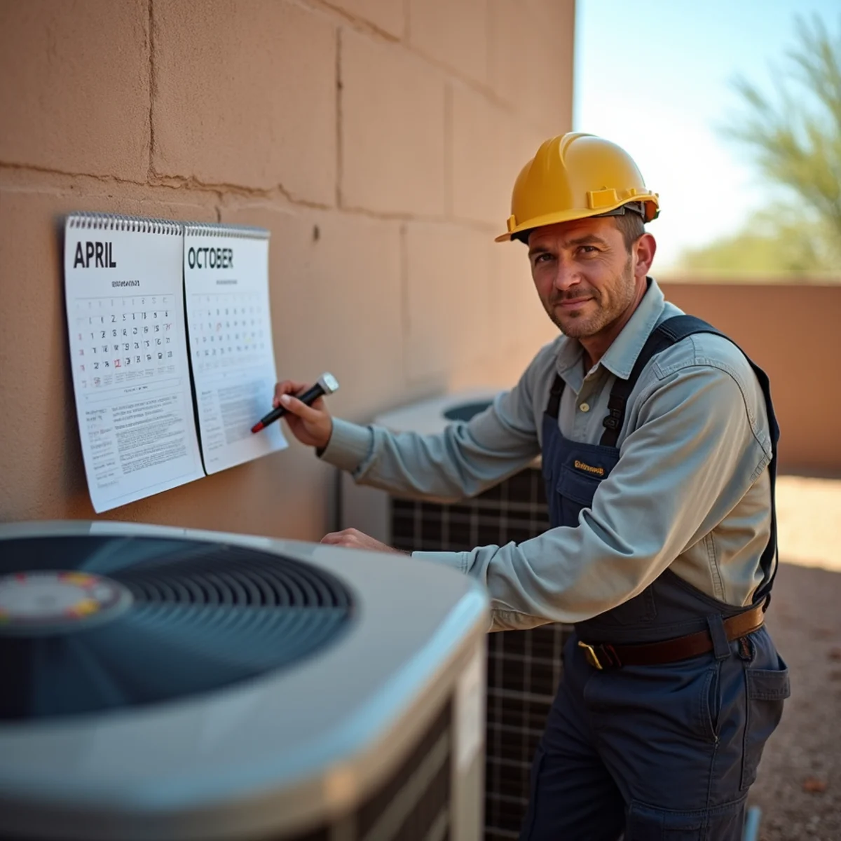 HVAC technician servicing an air conditioner at a snowbird home in Apache Junction