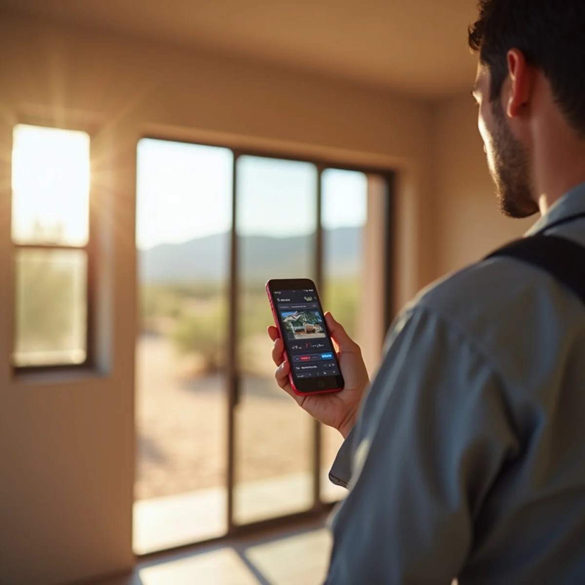 Smart thermostat and monitoring sensor on the wall of a vacant Arizona snowbird home