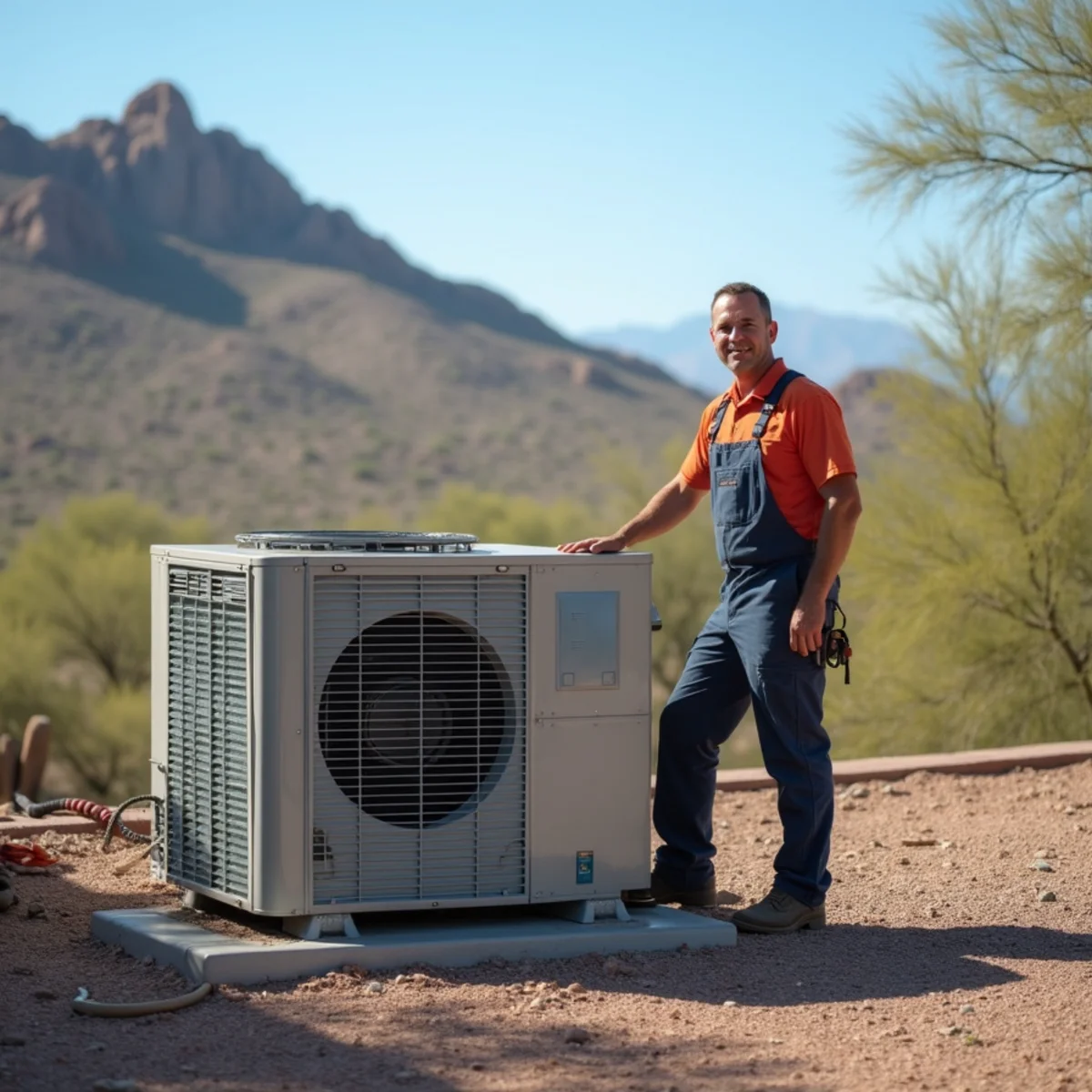 Rooftop evaporative swamp cooler beside a refrigerated air condenser at an Apache Junction home