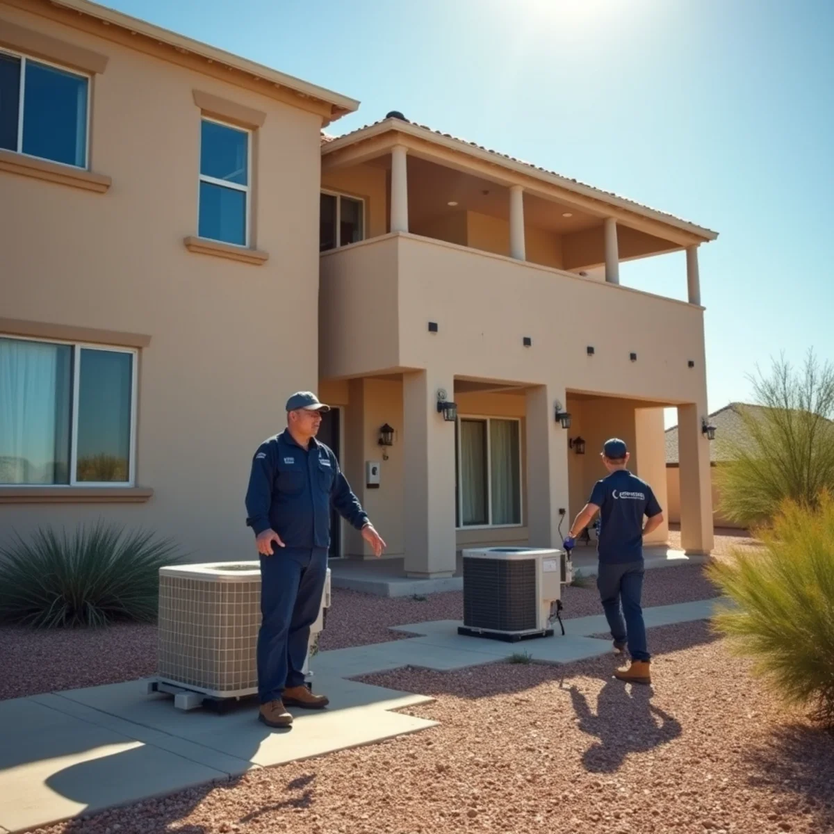 Two air conditioner condensers side by side outside a large Apache Junction home, one running and one idle
