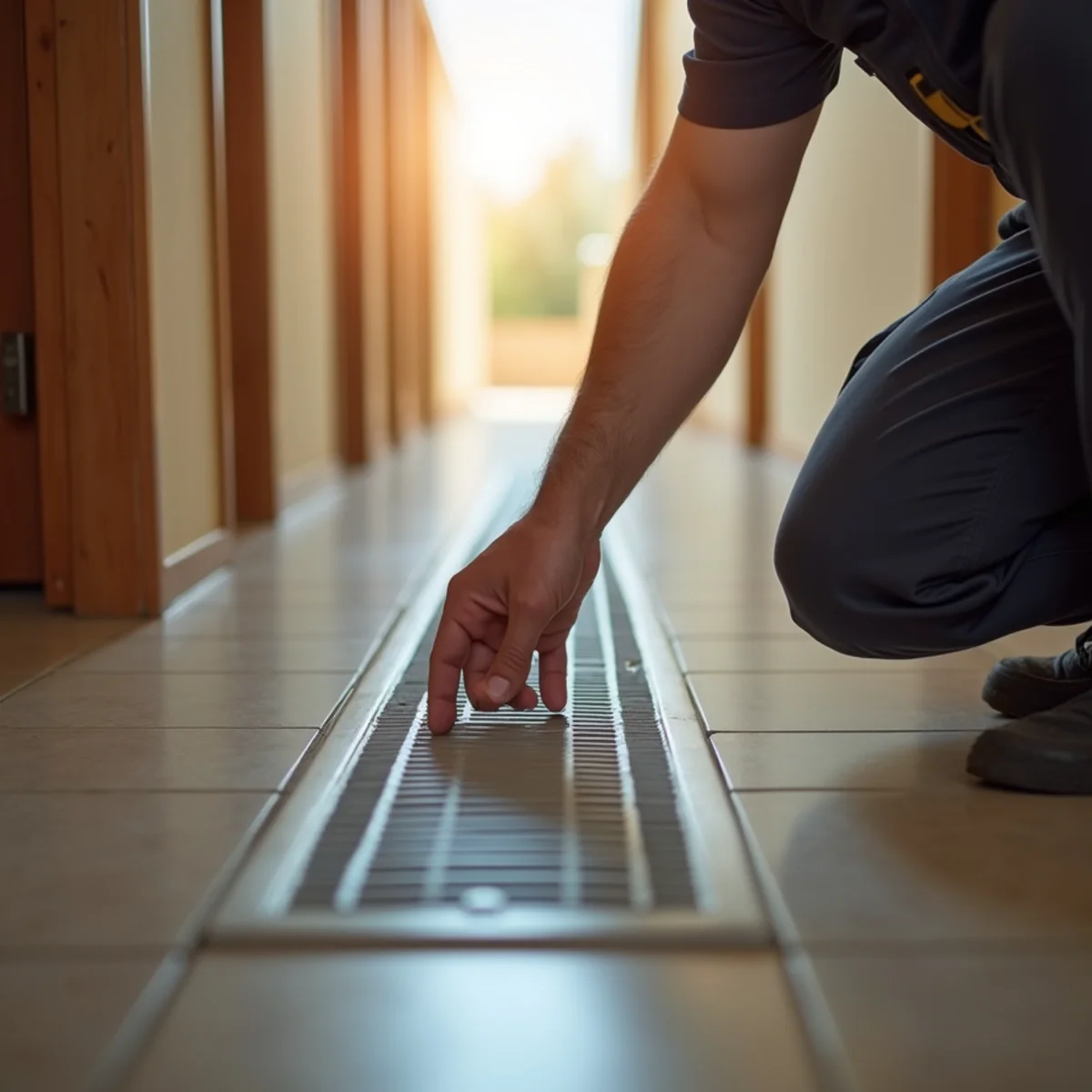 Technician inspecting belly ductwork under a manufactured home in Apache Junction