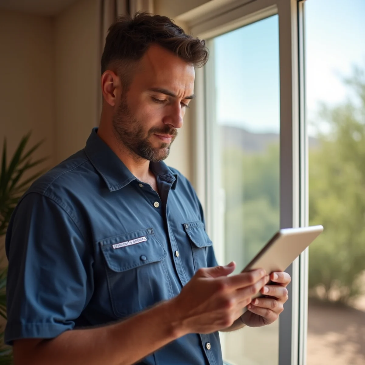 HVAC technician performing a Manual J load calculation at a home in Apache Junction, Arizona
