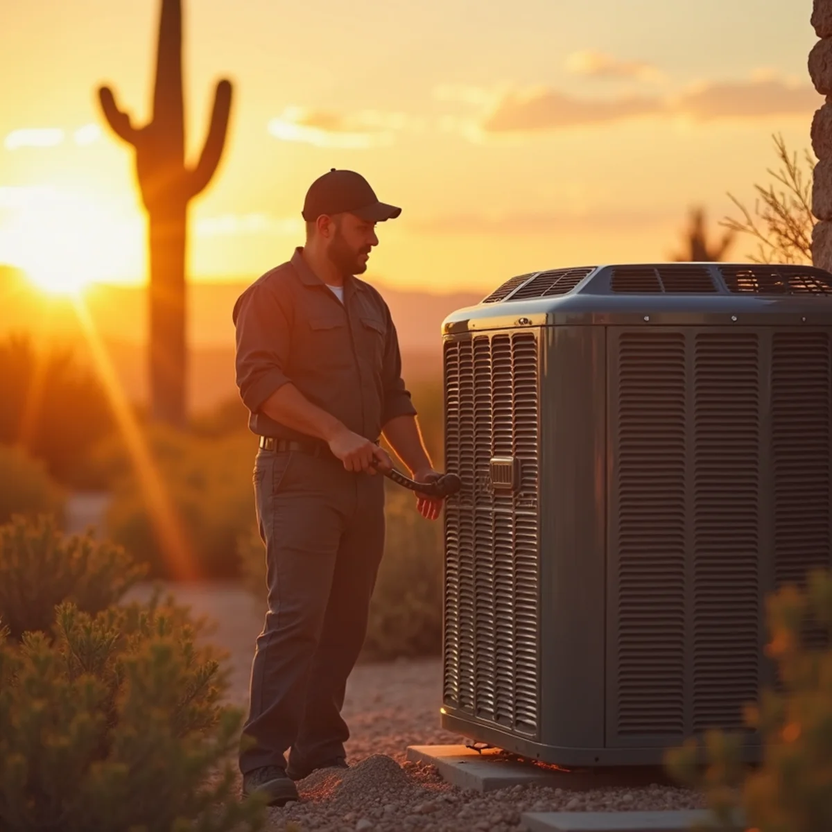 Air conditioner condenser running in the sun outside an Apache Junction home during a heat wave