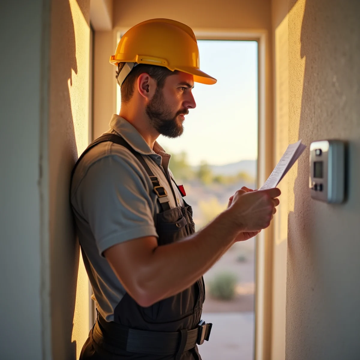 Homeowner reviewing a high summer electric bill next to a thermostat in an Apache Junction, Arizona home