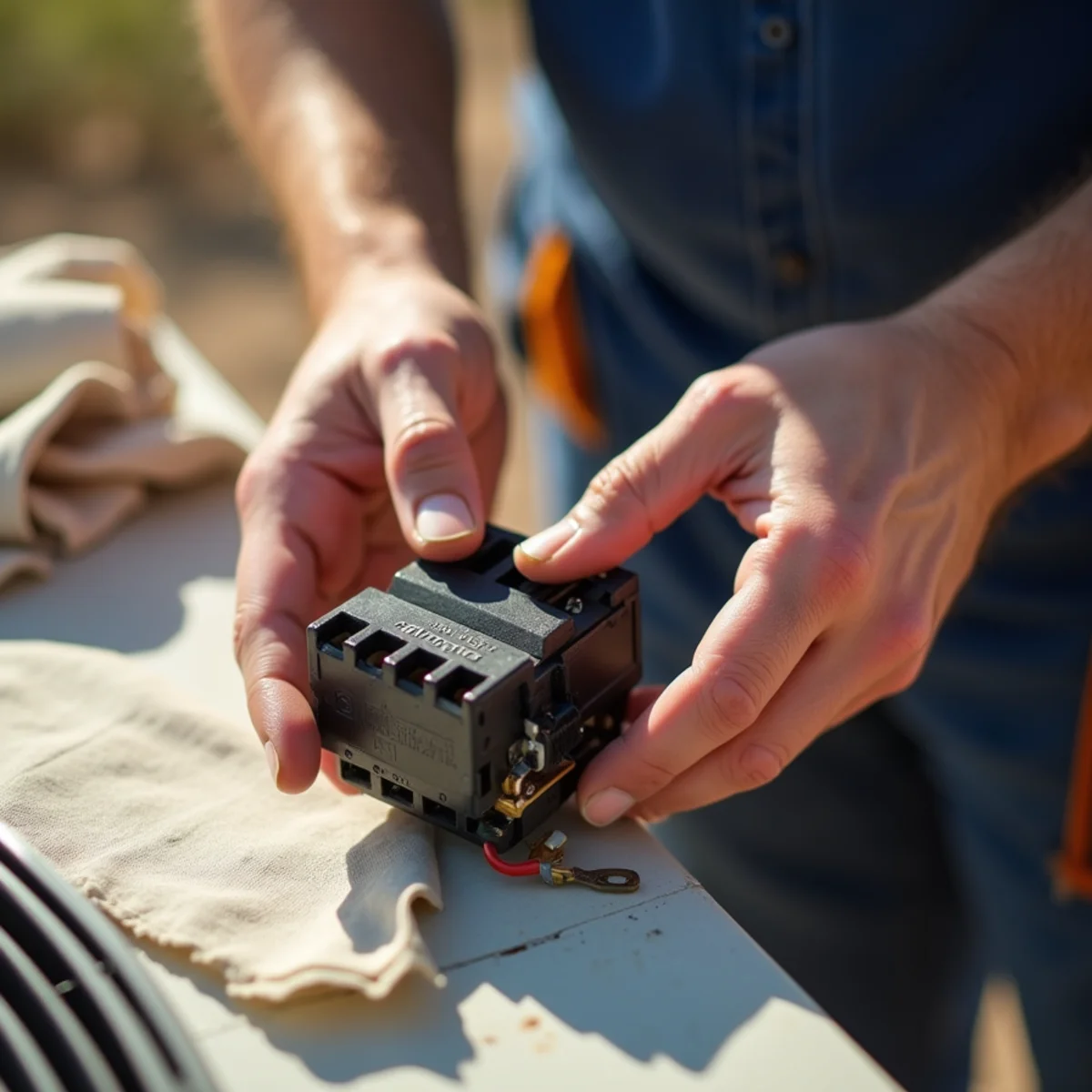 Close-up of emergency ac repair work by an Apache Junction, AZ technician