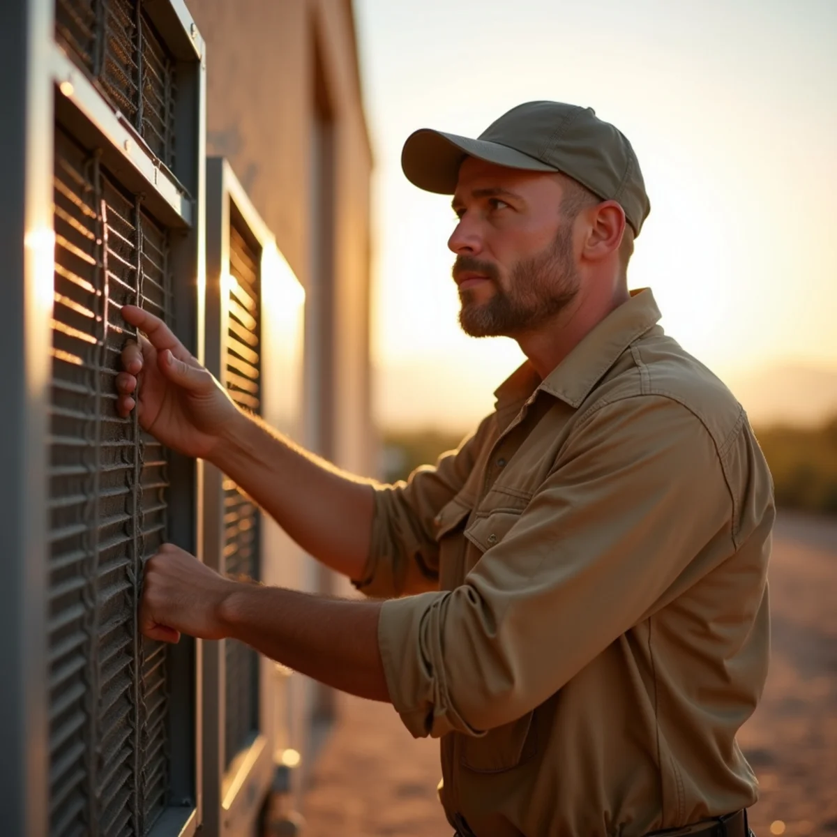 Technician on emergency call repairing an air conditioner condenser during an Apache Junction heat wave