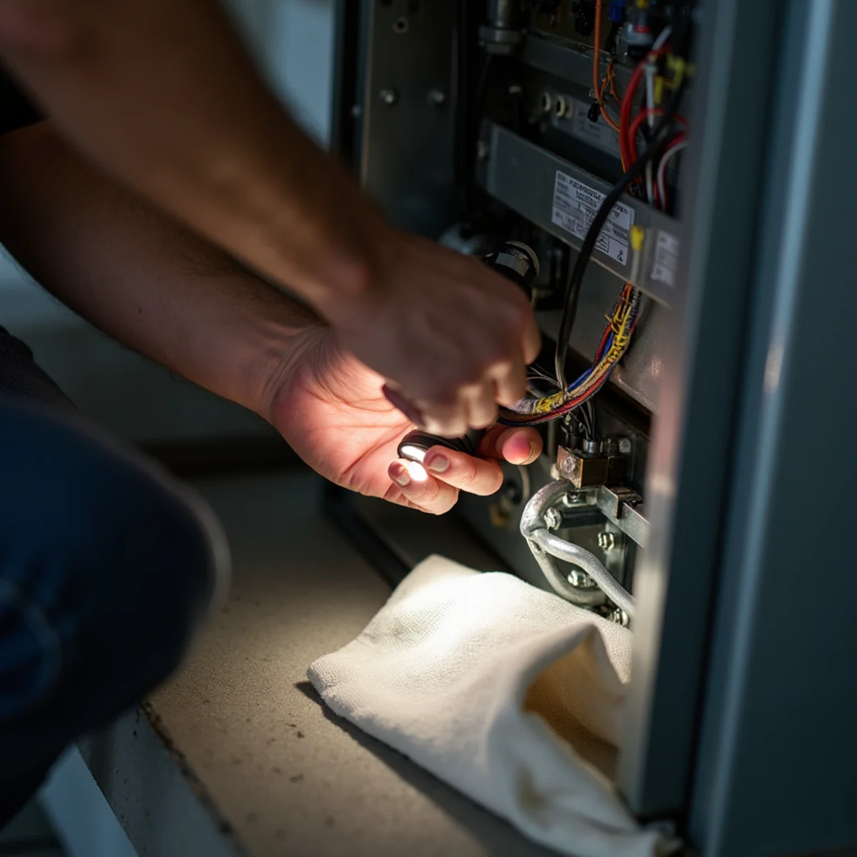 Close-up of heating repair work by an Apache Junction, AZ technician