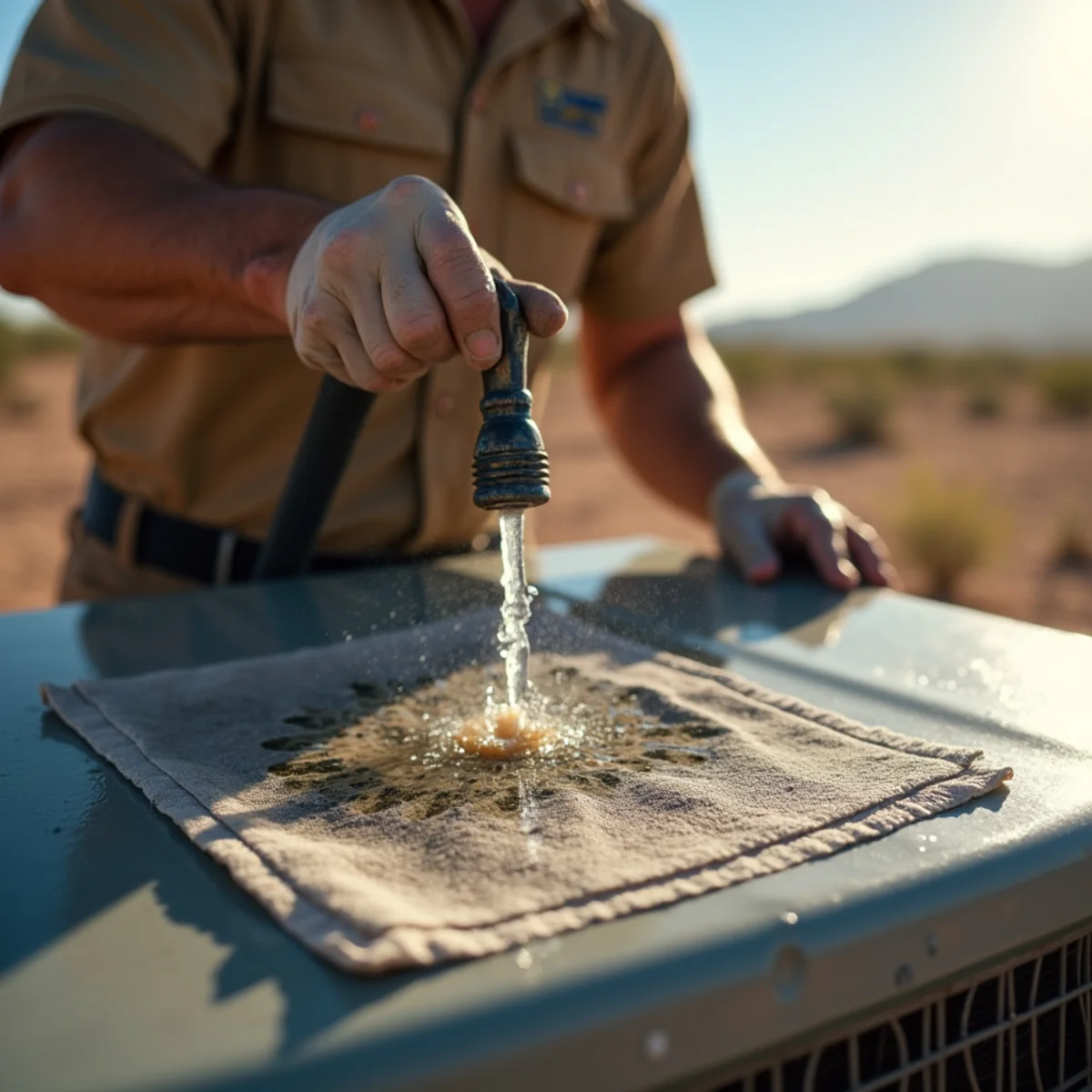 Close-up of monsoon storm hvac repair work by an Apache Junction, AZ technician