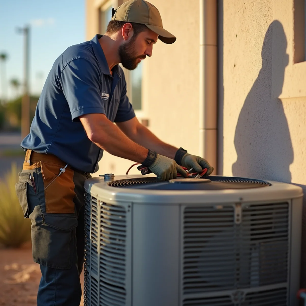HVAC technician servicing an air conditioner along the I-10 corridor in Casa Grande, Arizona