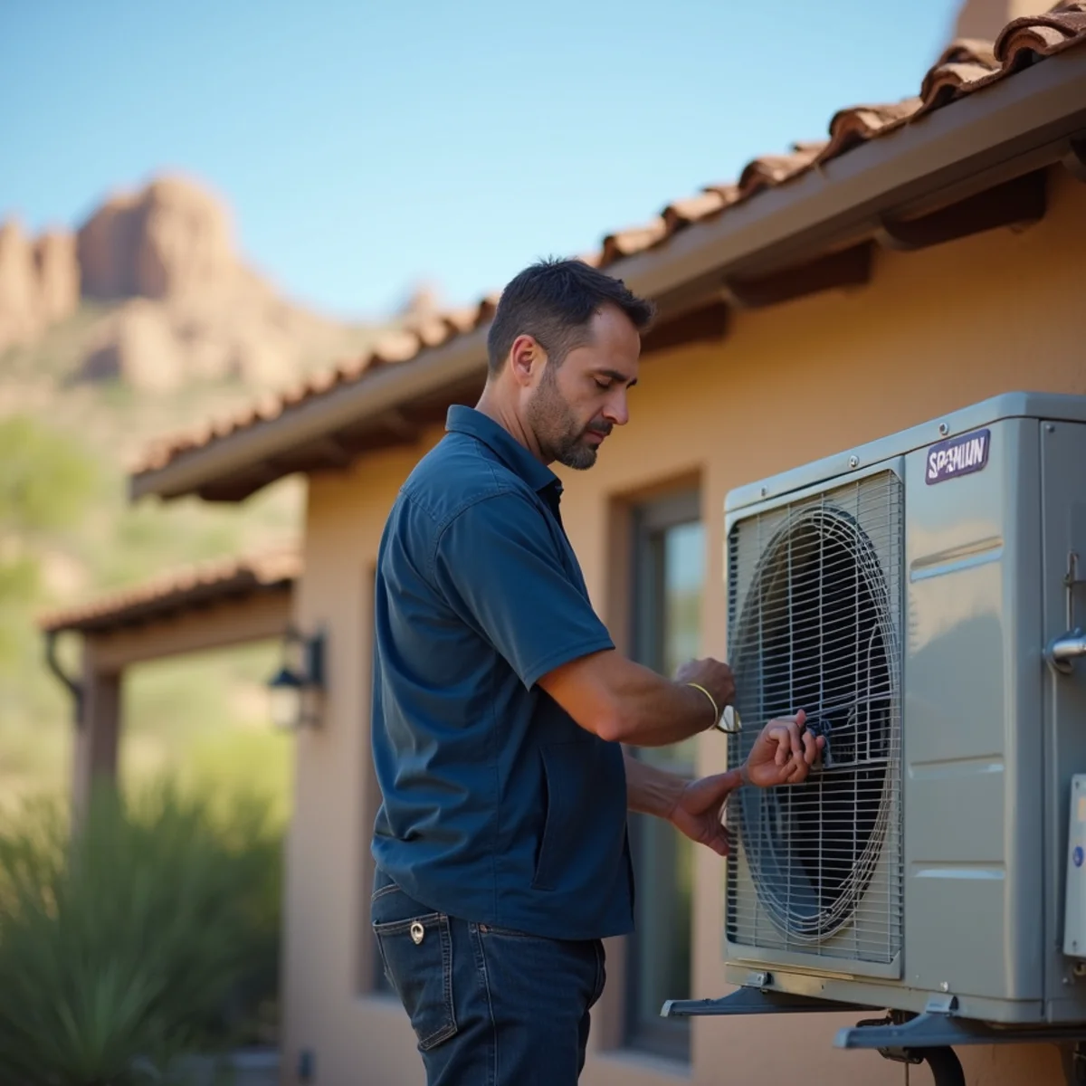 HVAC technician servicing an air conditioner at a Gold Canyon, Arizona home near the Superstition foothills