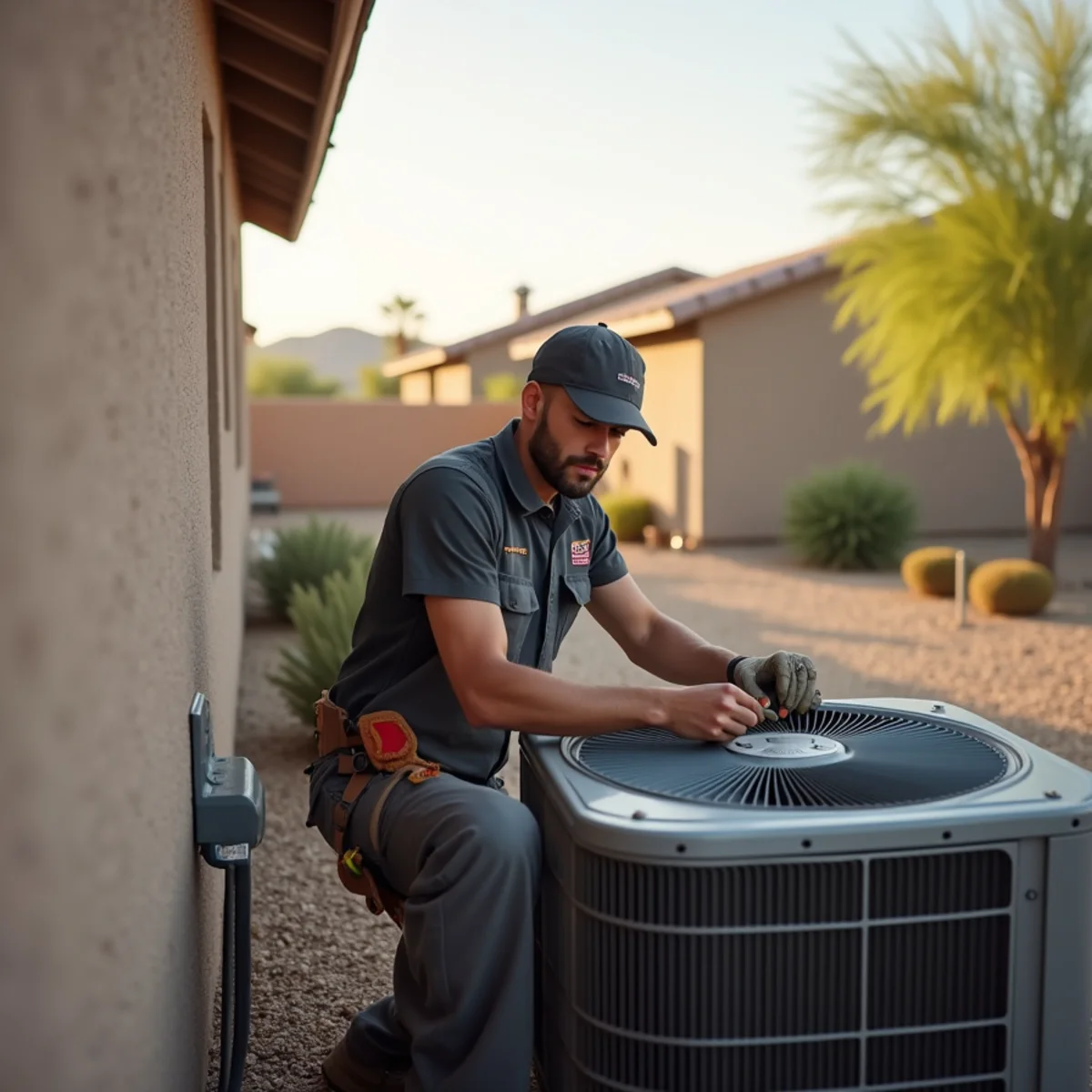 HVAC technician servicing an air conditioner at a new-build Queen Creek, Arizona home