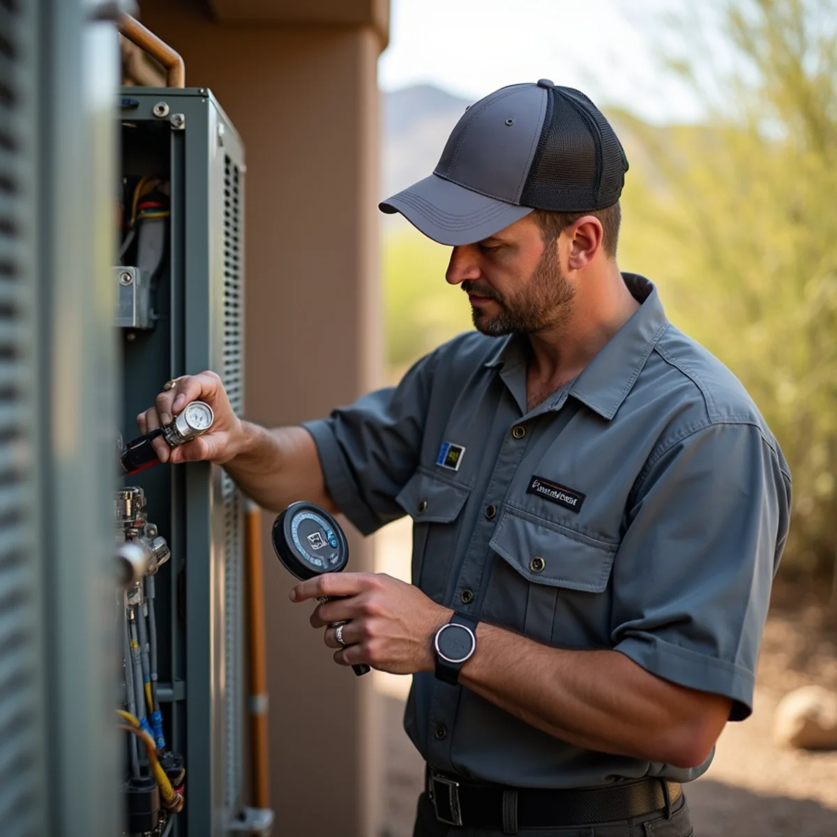 HVAC technician servicing a multi-zone air conditioning system at a luxury Scottsdale, Arizona home