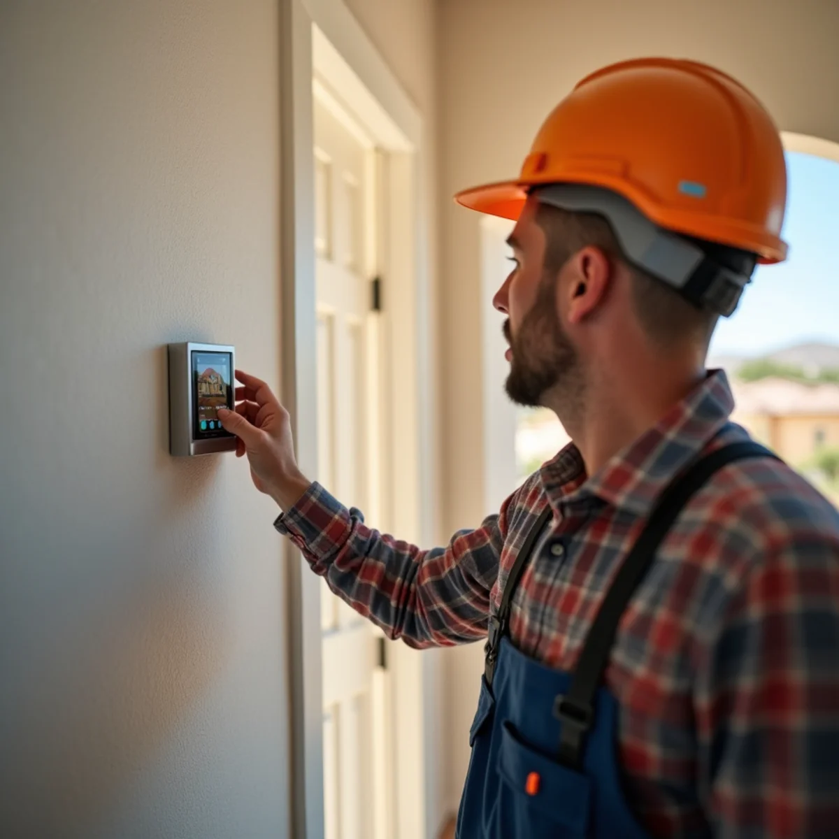 Homeowner checking a smart thermostat app for a remotely monitored Apache Junction home